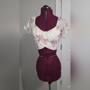 White and Pink Ruched Puff Sleeve Crop Top